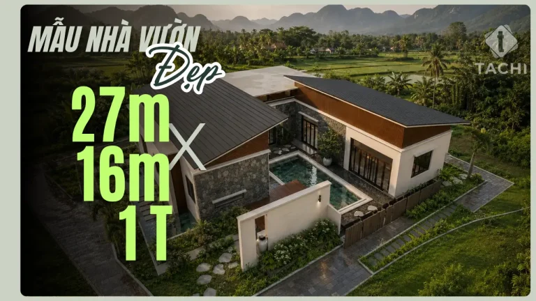Mẫu Biệt Thự Vườn 27x16 1 Tầng Có Hồ Bơi – Mái Nhật Hiện Đại