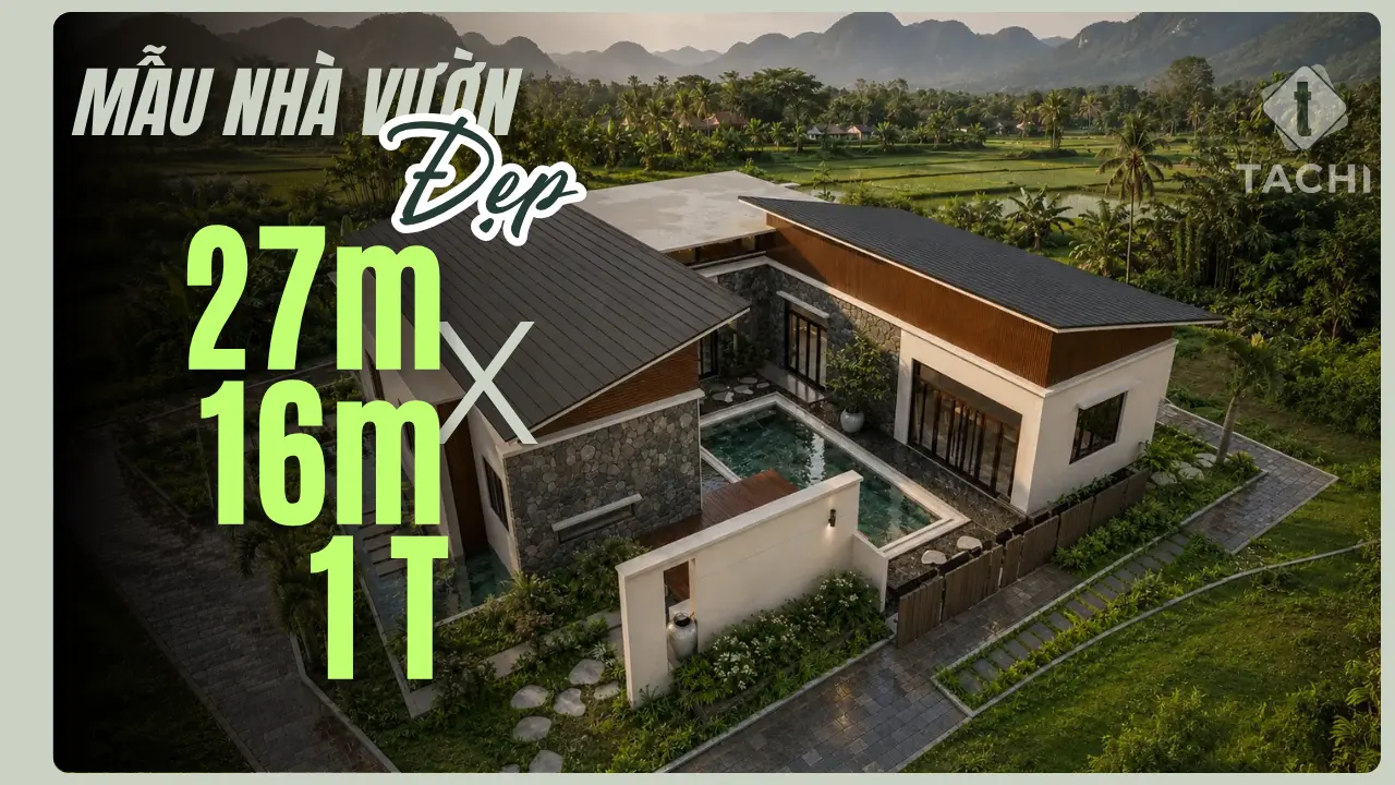 Mẫu Biệt Thự Vườn 27x16 1 Tầng Có Hồ Bơi – Mái Nhật Hiện Đại