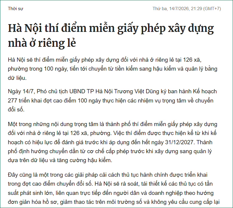 miễn giấy phép xây dựng nhà ở riêng lẻ