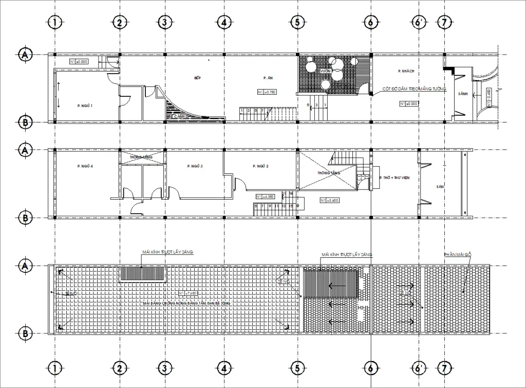 mặt bằng nhà ống 2 tầng 4.8x45.8m có sân trong và phòng thờ thư viện