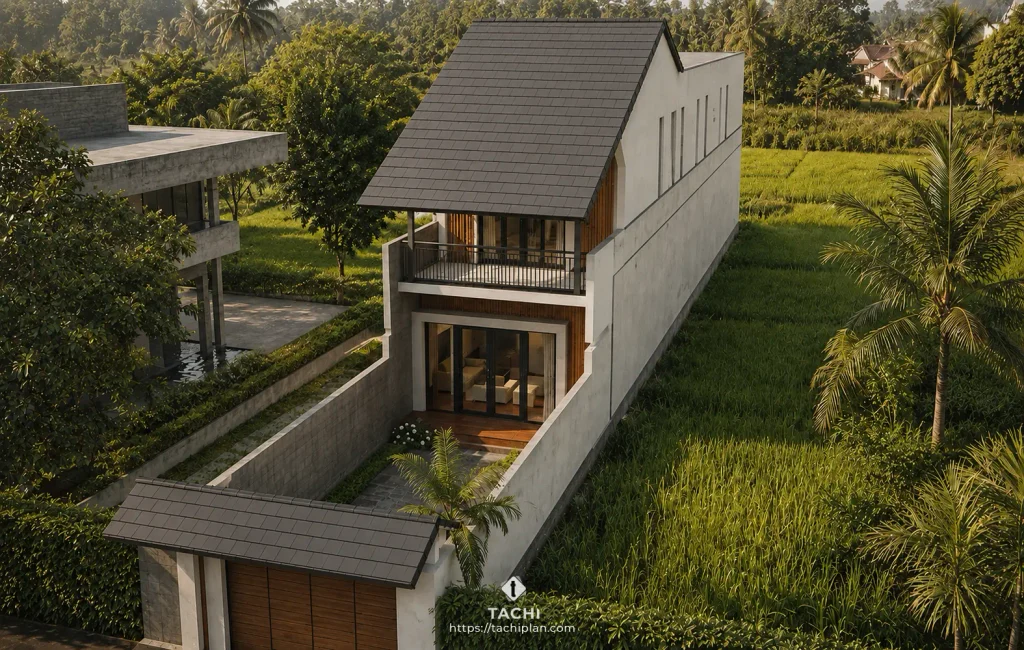 phối cảnh nhà ống 2 tầng mặt tiền 4m8 sân trong lùi cốt