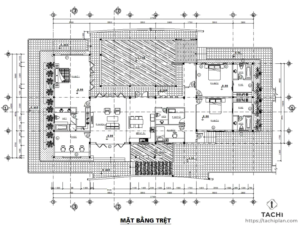 mặt bằng biệt thự vườn 1 tầng 27x16m có hồ bơi