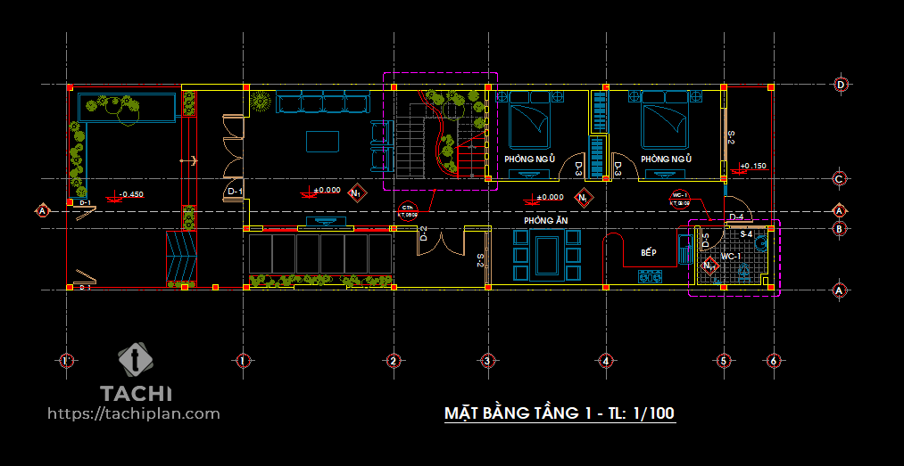 Mặt bằng tầng 1 biệt thự 2 tầng 7x24m: phòng khách, cầu thang, 2 phòng ngủ, bếp