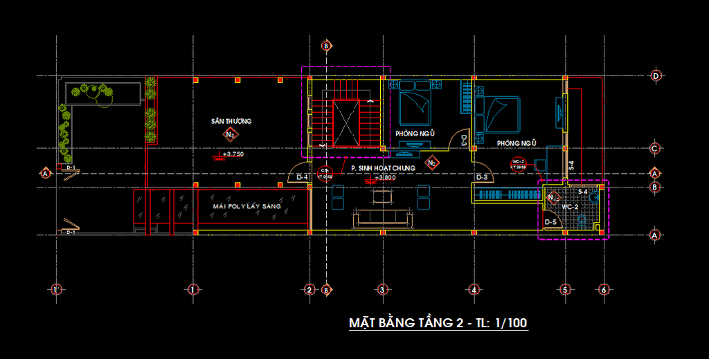 Mặt bằng tầng 2 biệt thự 2 tầng 7x24m: phòng khách, cầu thang, 2 phòng ngủ, bếp