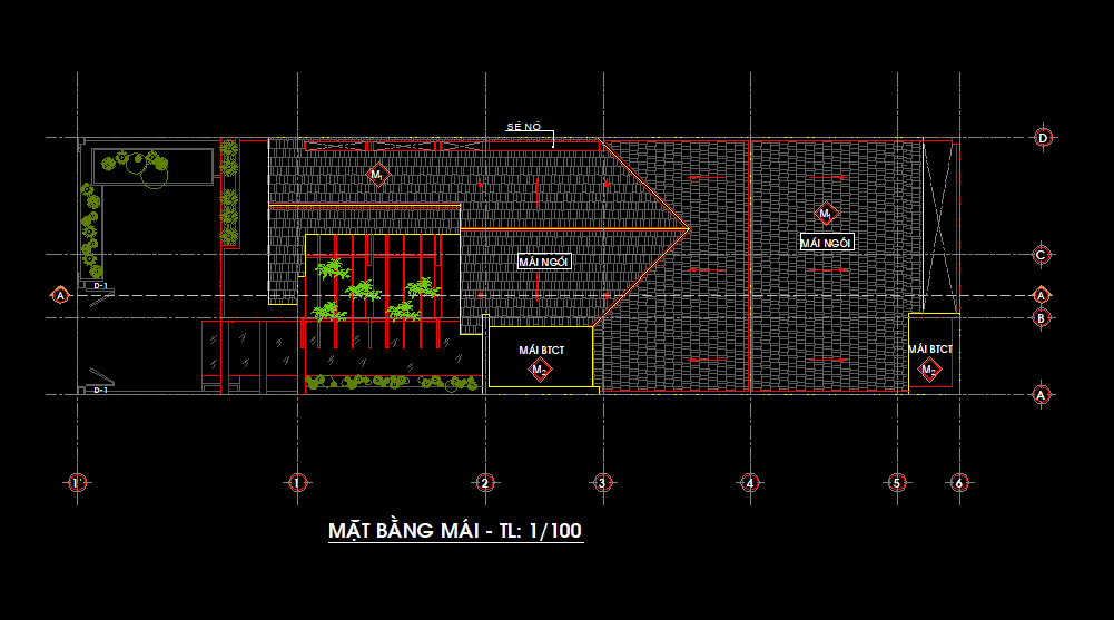 Mặt bằng tầng MÁI biệt thự 2 tầng 7x24m: phòng khách, cầu thang, 2 phòng ngủ, bếp