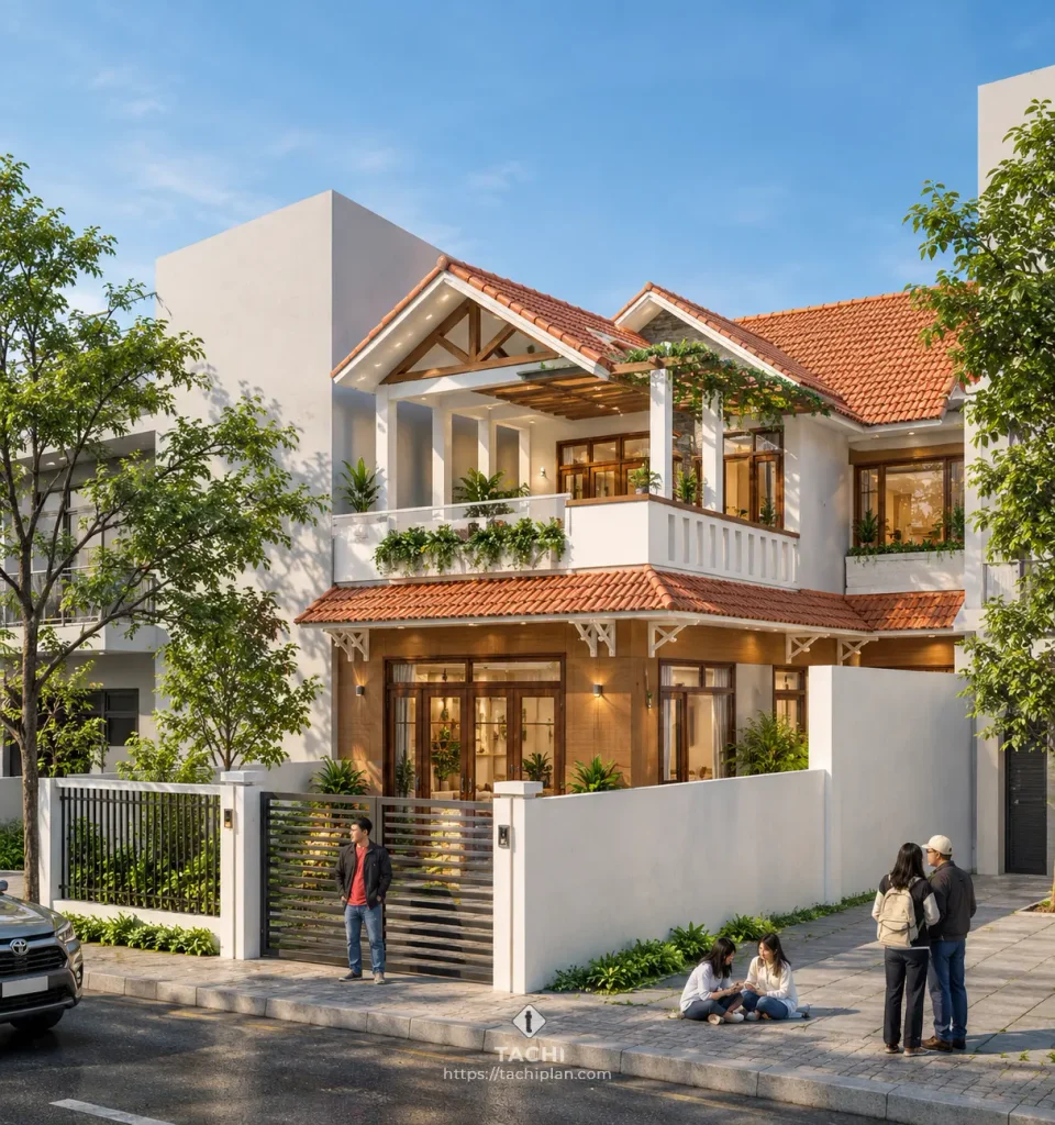 Phối cảnh biệt thự 2 tầng 7x24m mái ngói đỏ, sân vườn phía trước, ban công trồng cây